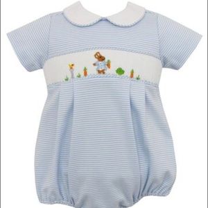PETIT BEBE KNITS BABY BOYS BLUE STRIPED KNIT BUBBLE - SMOCKED PETER RABBIT